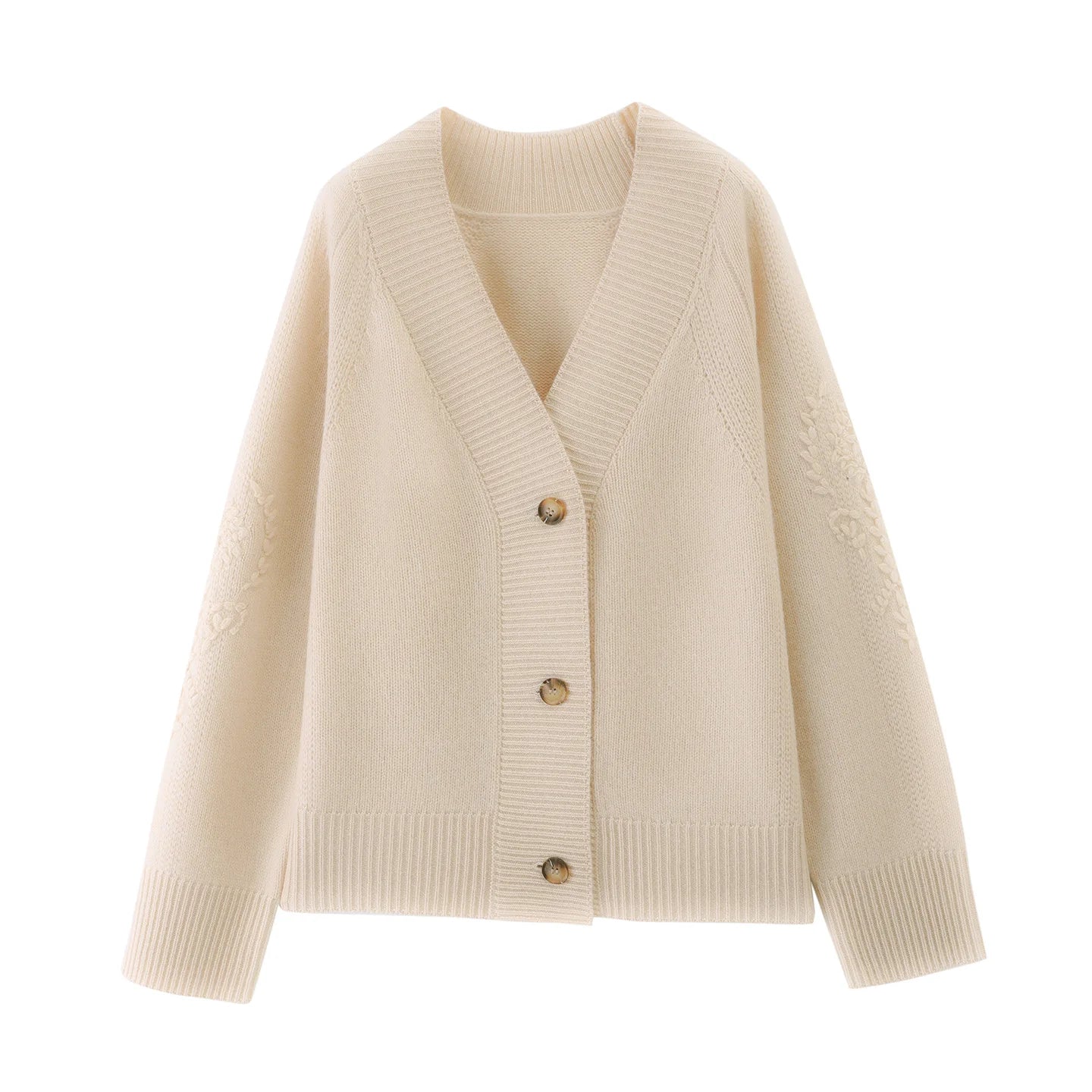 Wool V-Neck Cardigan | Cable Sleeve Detail, Oversized Fit | Women's
