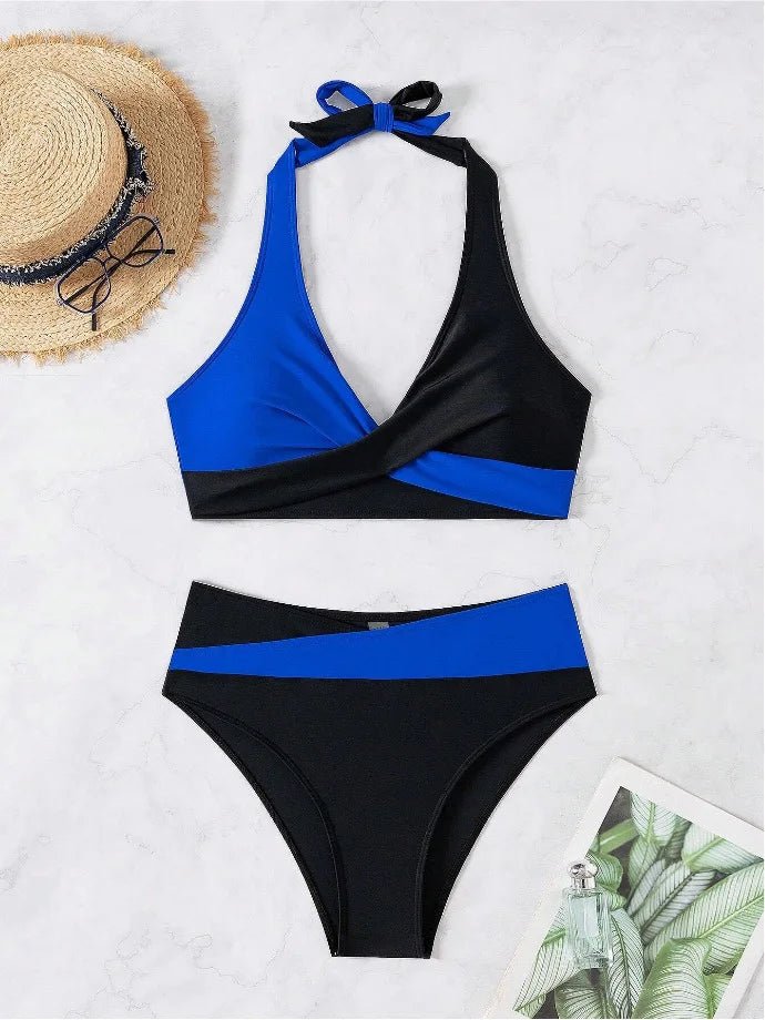 Crossover Wrap Halter Bikini Set | Color - Block High Waist Two - Piece - The PM Edit