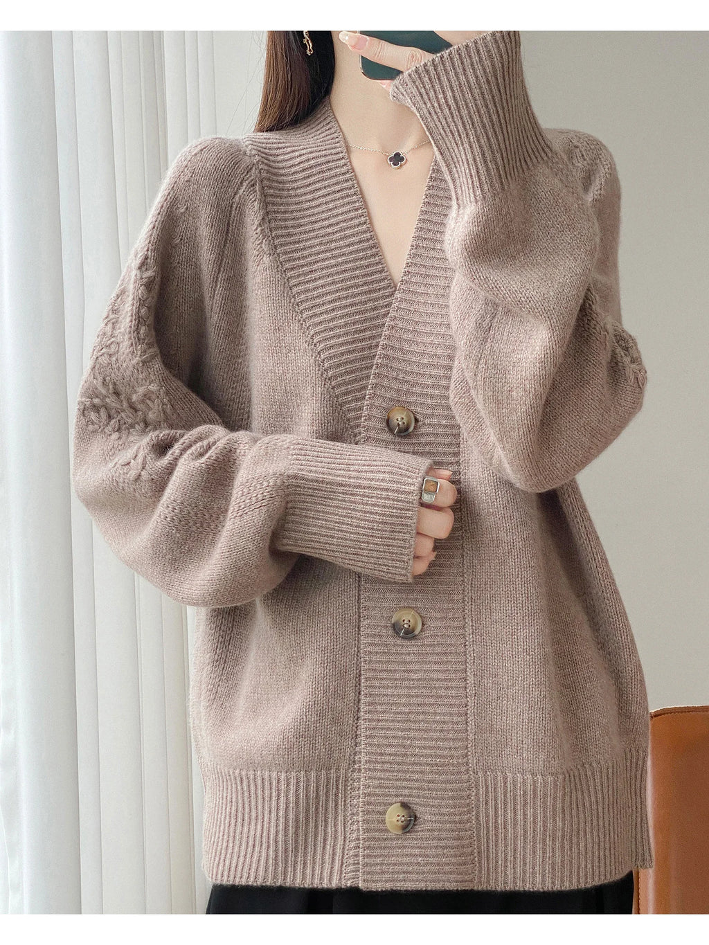 Wool V-Neck Cardigan | Cable Sleeve Detail, Oversized Fit | Women's