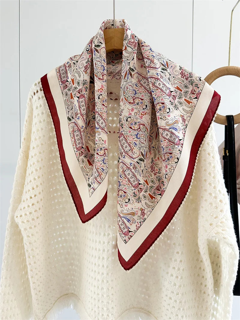 Mulberry Silk Square Scarf | Burgundy Border, Paisley Print | 65x65cm