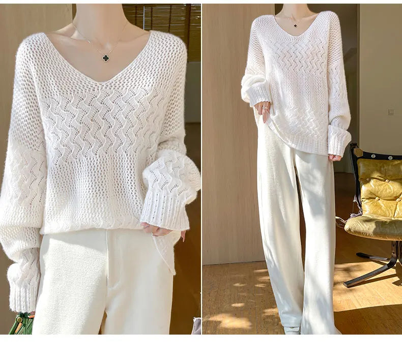 Wool V-Neck Pullover Sweater | Hollow Jacquard Knit | 8 Colors, Sizes M–XL