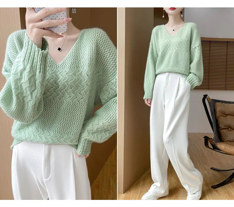 Wool V-Neck Pullover Sweater | Hollow Jacquard Knit | 8 Colors, Sizes M–XL