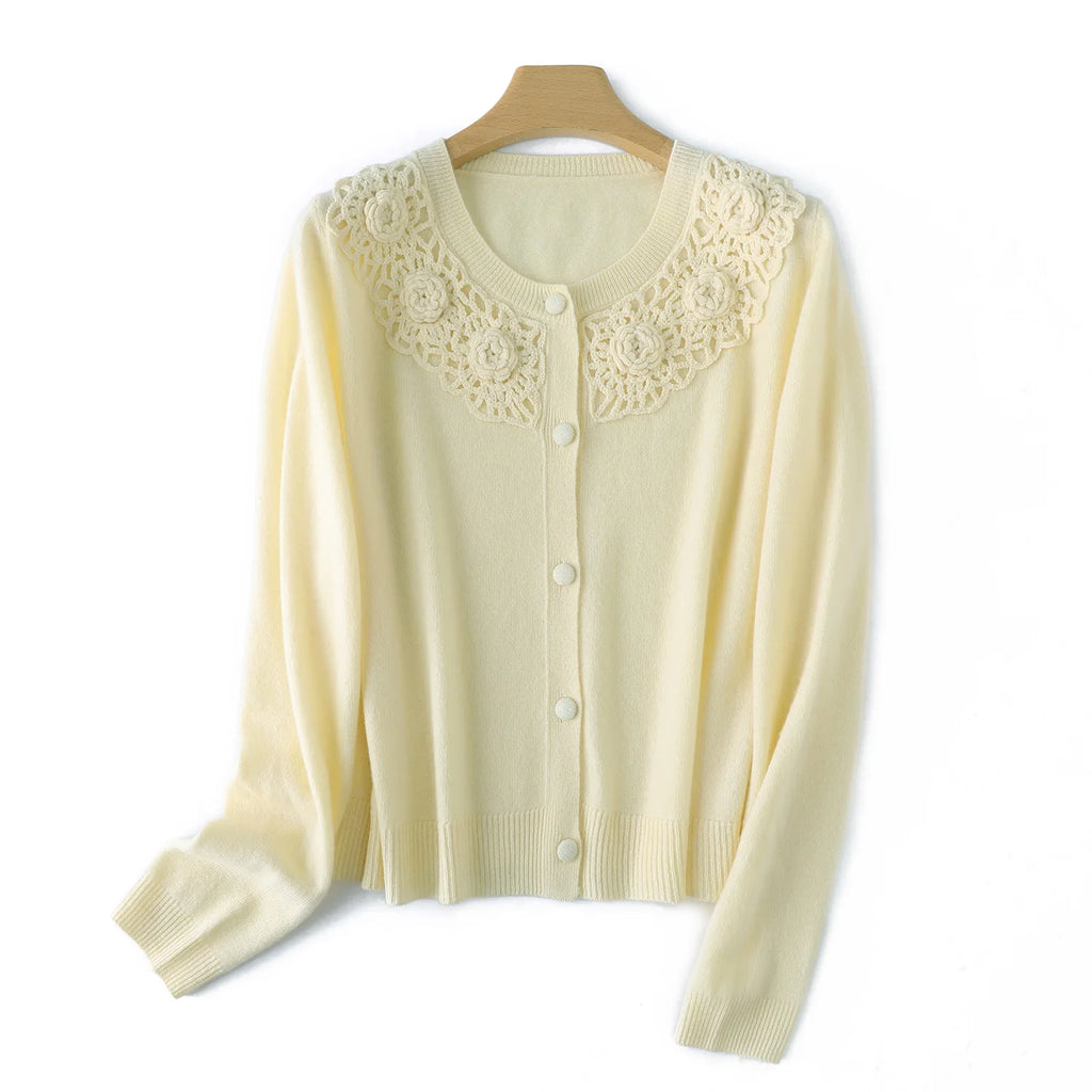 Crochet Floral Collar Cardigan | Button-Down Knit | 6 Colors, Sizes S–XXL