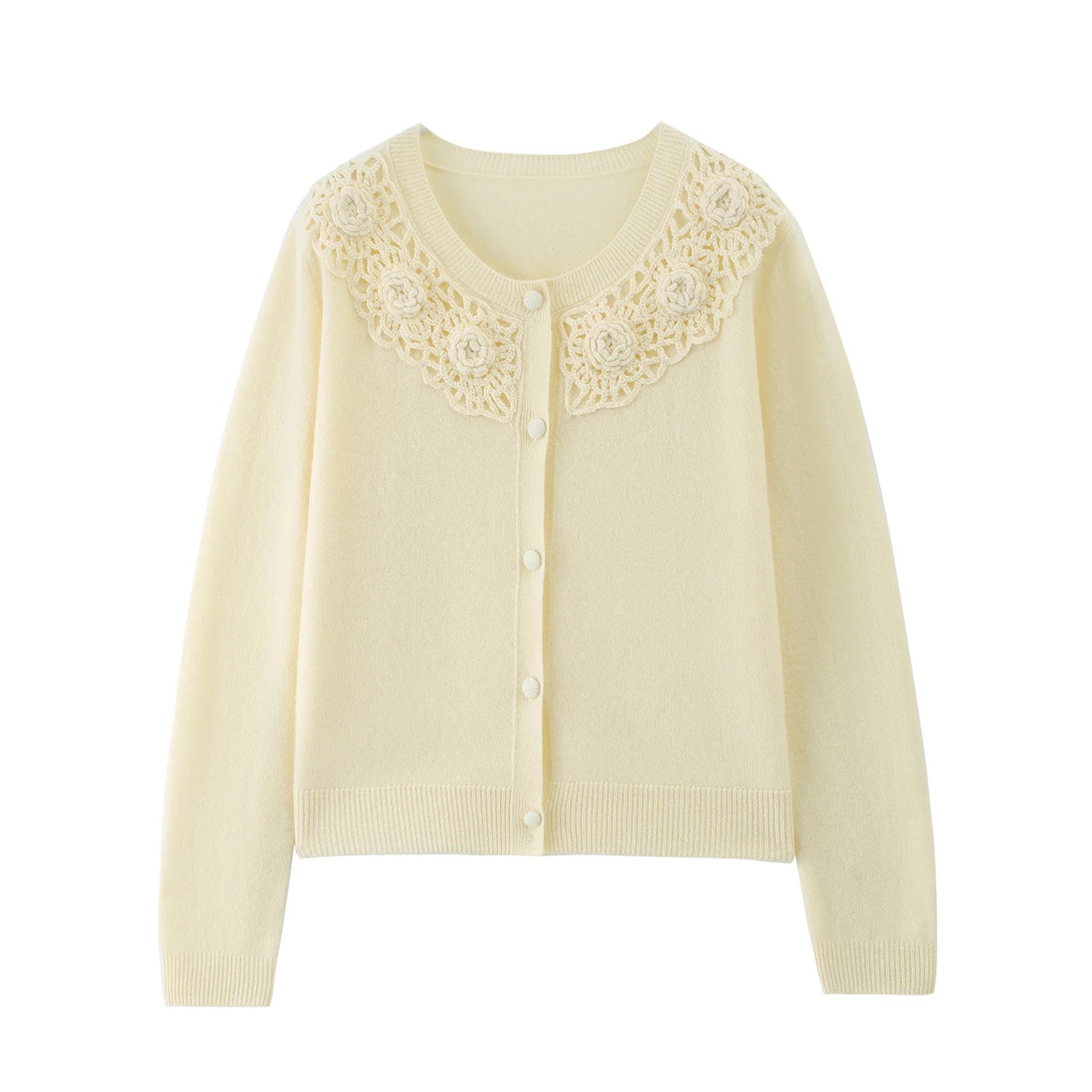 Crochet Floral Collar Cardigan | Button-Down Knit | 6 Colors, Sizes S–XXL