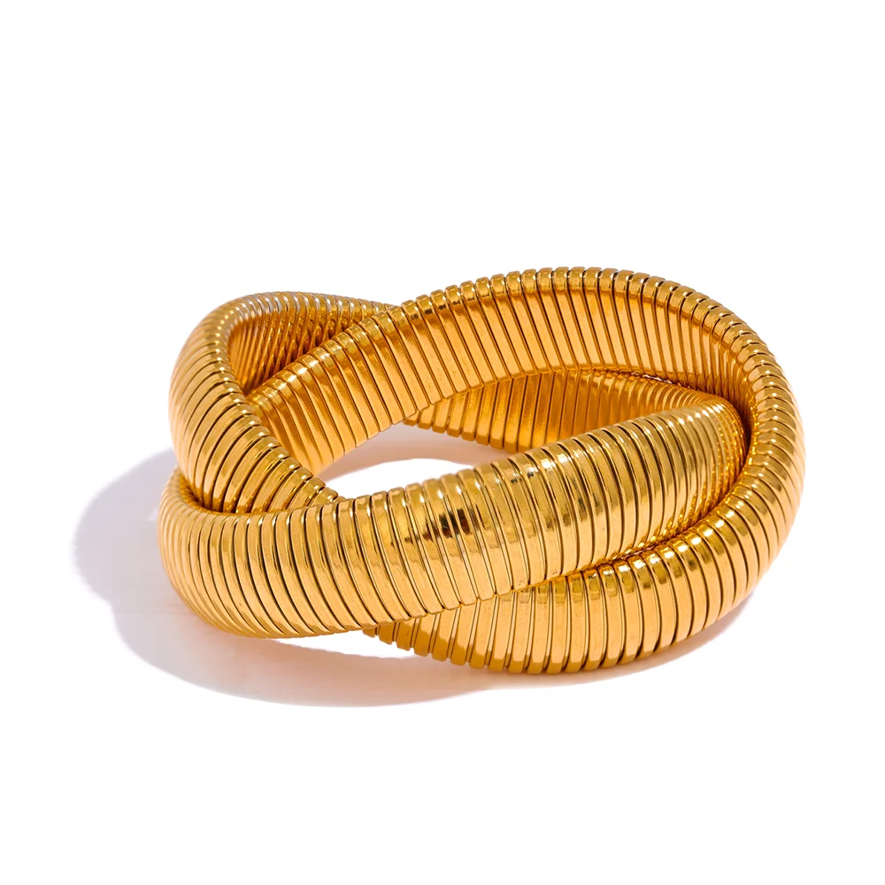 Chunky Ribbed Omega Tube Bangle Bracelet | 18K PVD Gold & Silver Stainless Steel Jewelry