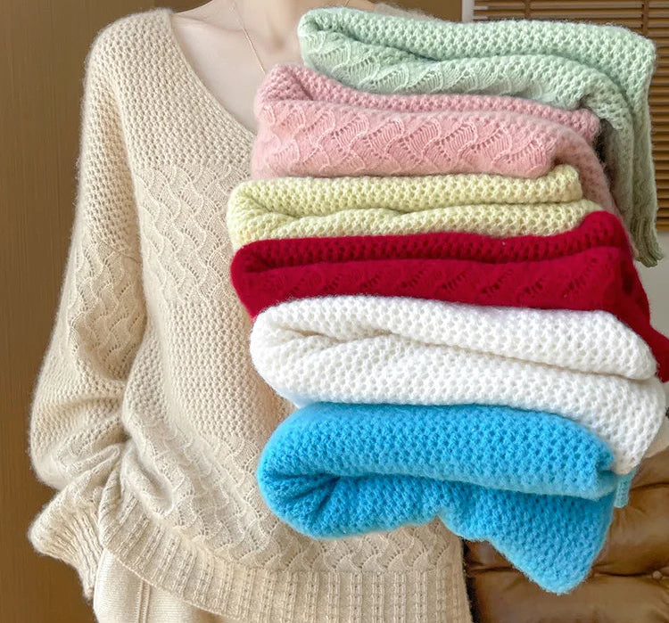Wool V-Neck Pullover Sweater | Hollow Jacquard Knit | 8 Colors, Sizes M–XL