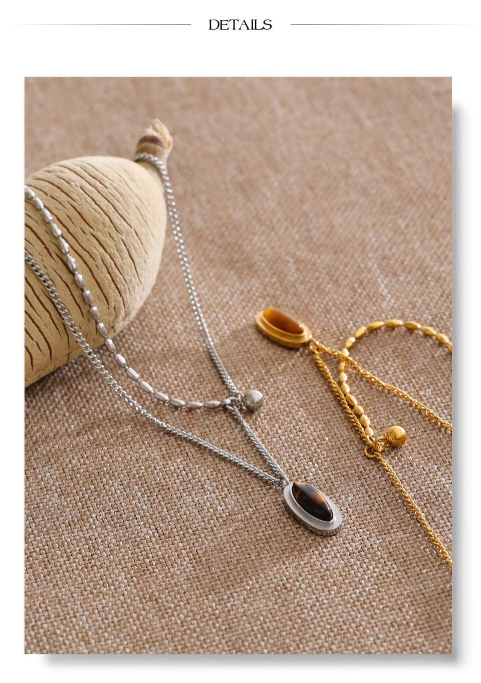 Layered Double Chain Necklace with Tiger's Eye Pendant | Gold & Silver