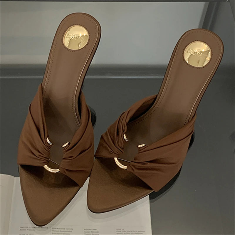 Knotted Silk Stiletto Mule Heels | Pointed Toe | Black & Brown