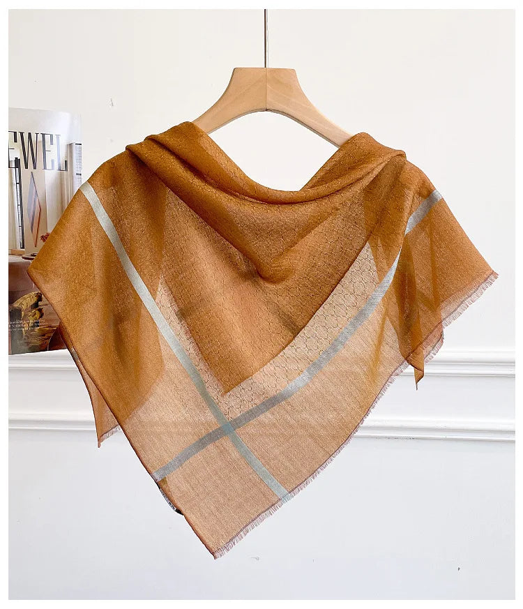 Cashmere Square Scarf | Geometric Grid Pattern, Double-Sided | 65x65cm