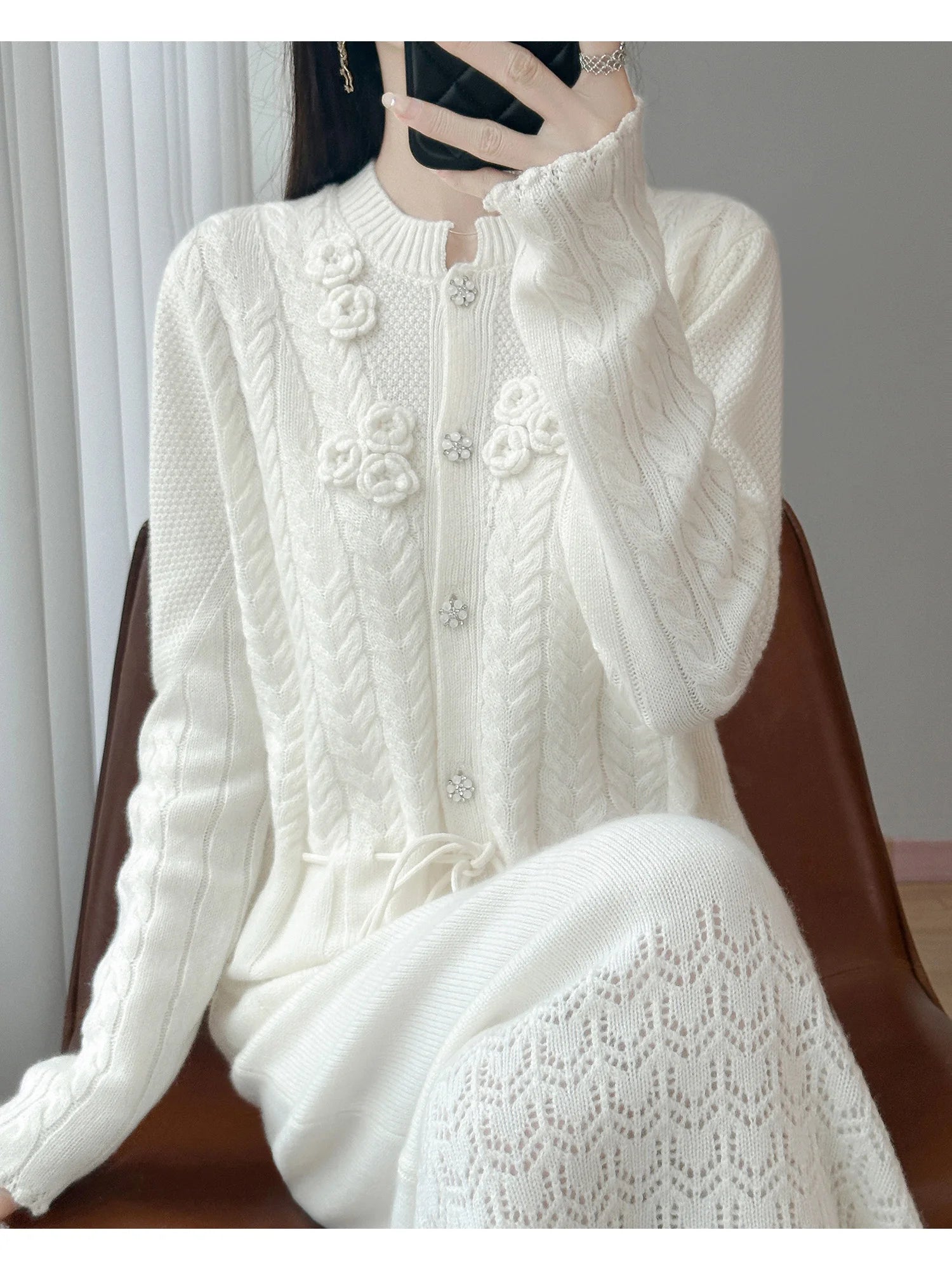 Floral Appliqué Cable-Knit Cardigan | Rhinestone Buttons, Drawstring Waist | 5 Colors, Sizes M–XXL