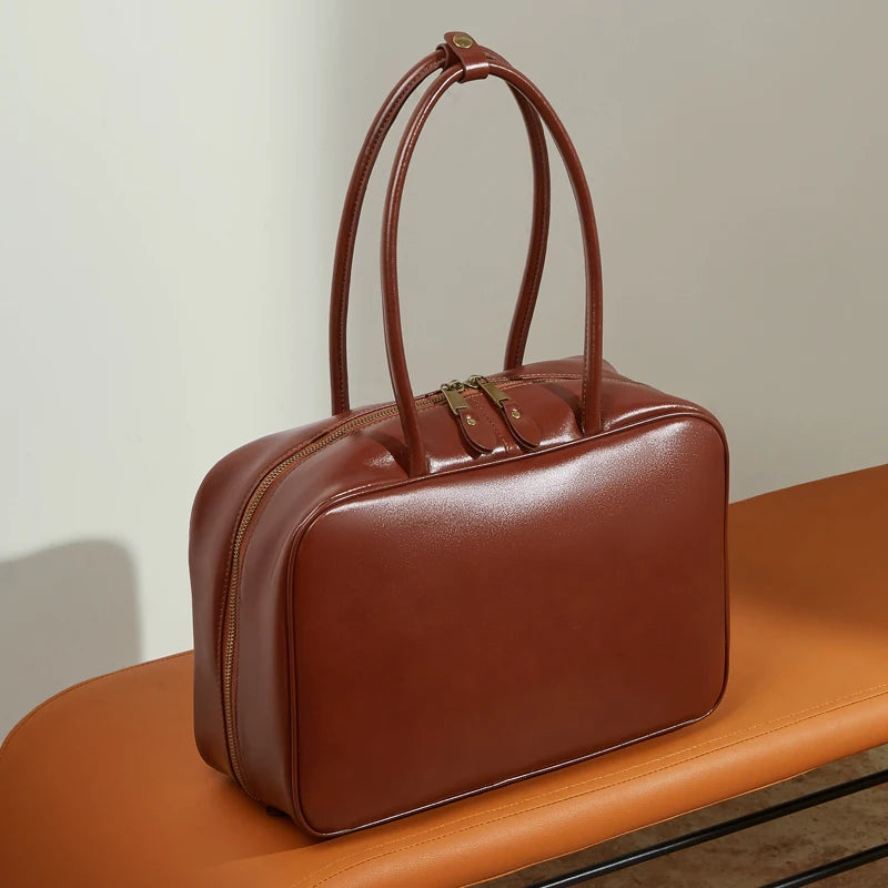 Genuine Cowhide Leather Tote Satchel | Large Capacity Work Bag