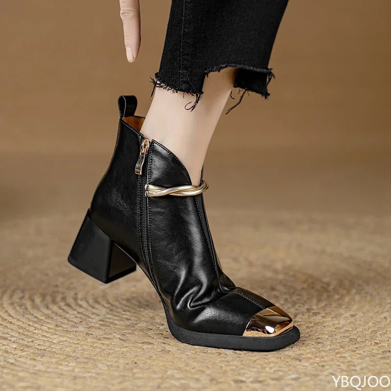 Gold Metal Toe Cap Ankle Boots – Pearl Chain Detail | Black & Brown - The PM Edit