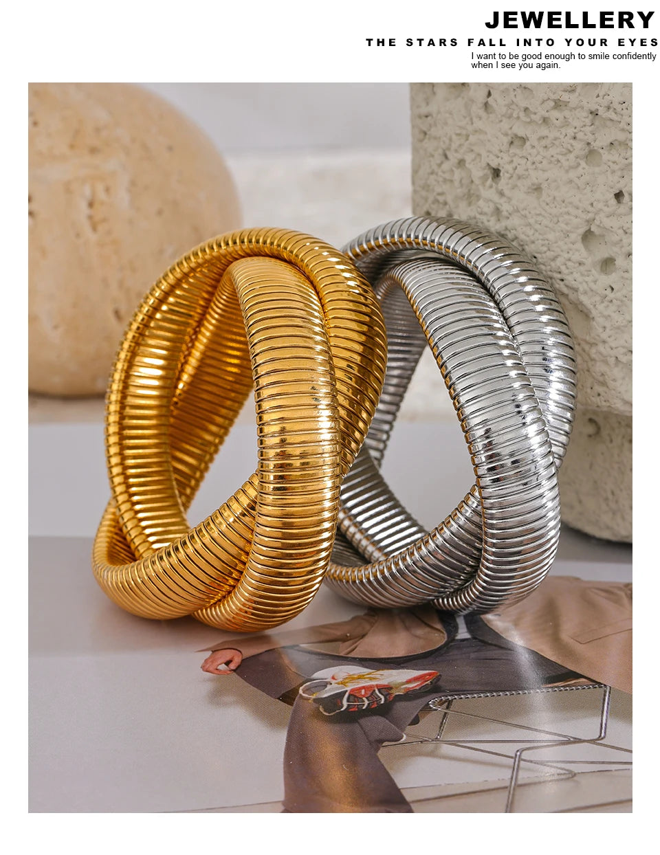 Chunky Ribbed Omega Tube Bangle Bracelet | 18K PVD Gold & Silver Stainless Steel Jewelry