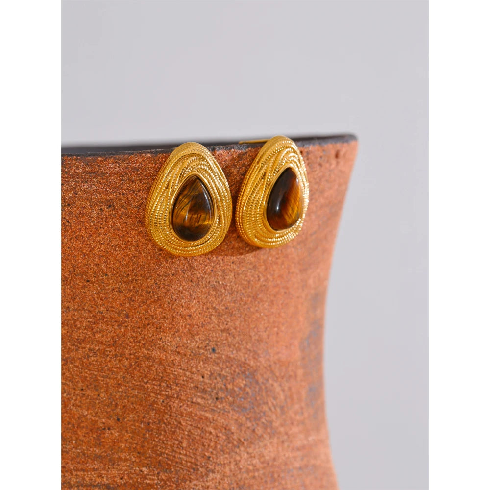 PVD Gold-Plated Stainless Steel Teardrop Stone Stud Earrings