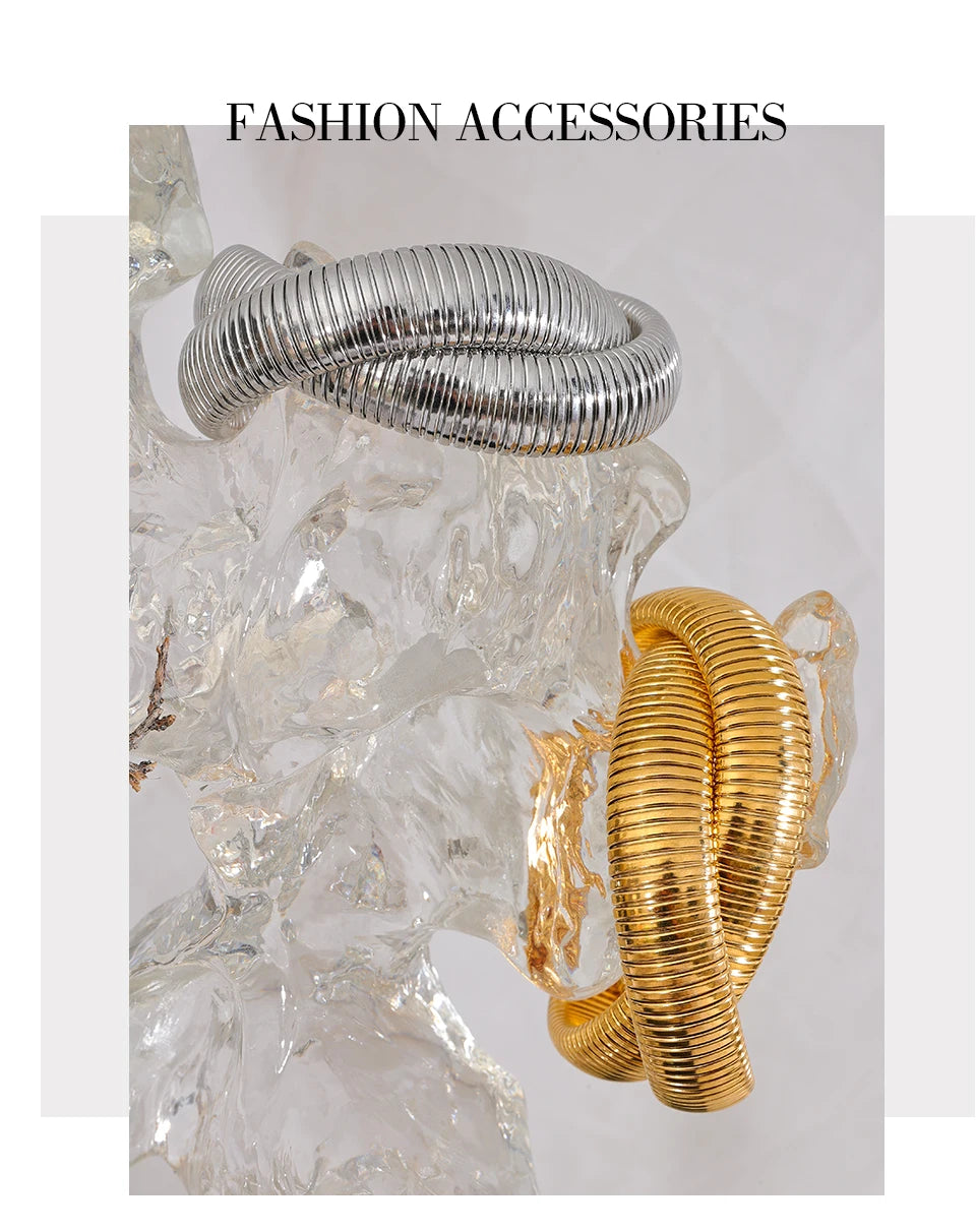 Chunky Ribbed Omega Tube Bangle Bracelet | 18K PVD Gold & Silver Stainless Steel Jewelry
