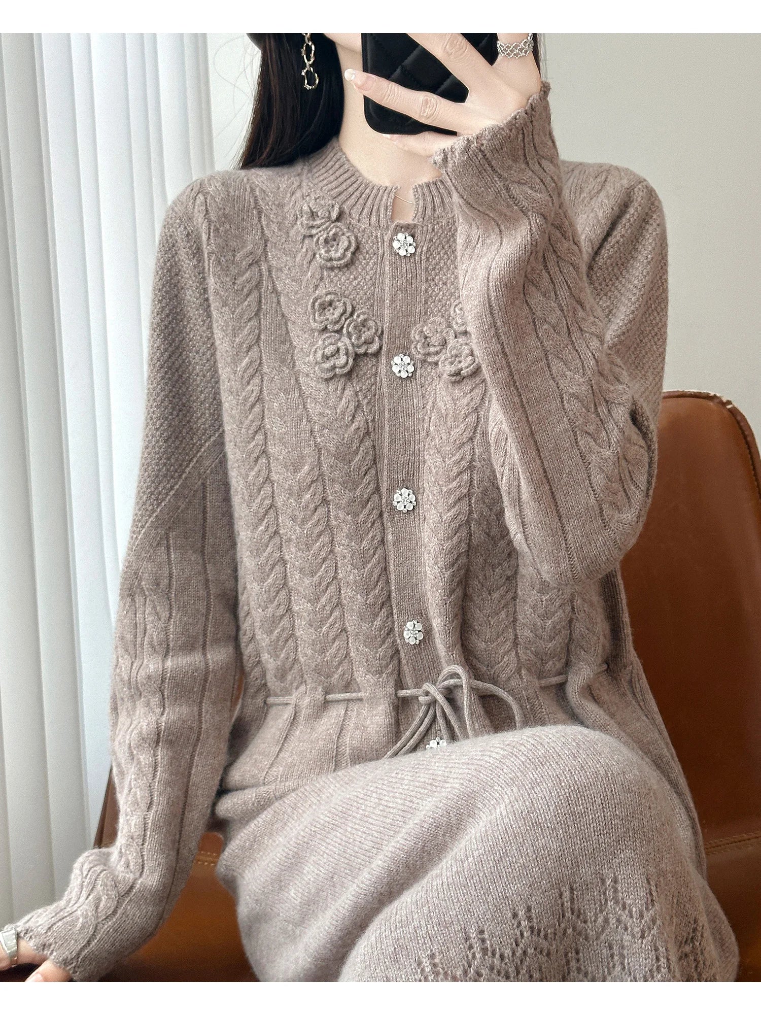 Floral Appliqué Cable-Knit Cardigan | Rhinestone Buttons, Drawstring Waist | 5 Colors, Sizes M–XXL