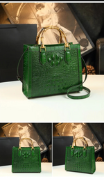 Load image into Gallery viewer, Crocodile Pattern Genuine Leather Structured Bag with Bamboo Handles
