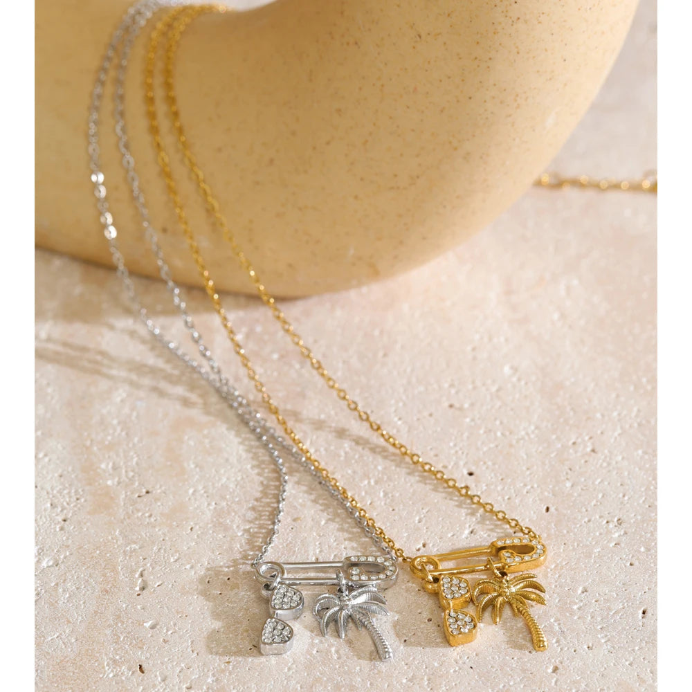 Stainless Steel Palm Tree & Sunglasses Charm Necklace