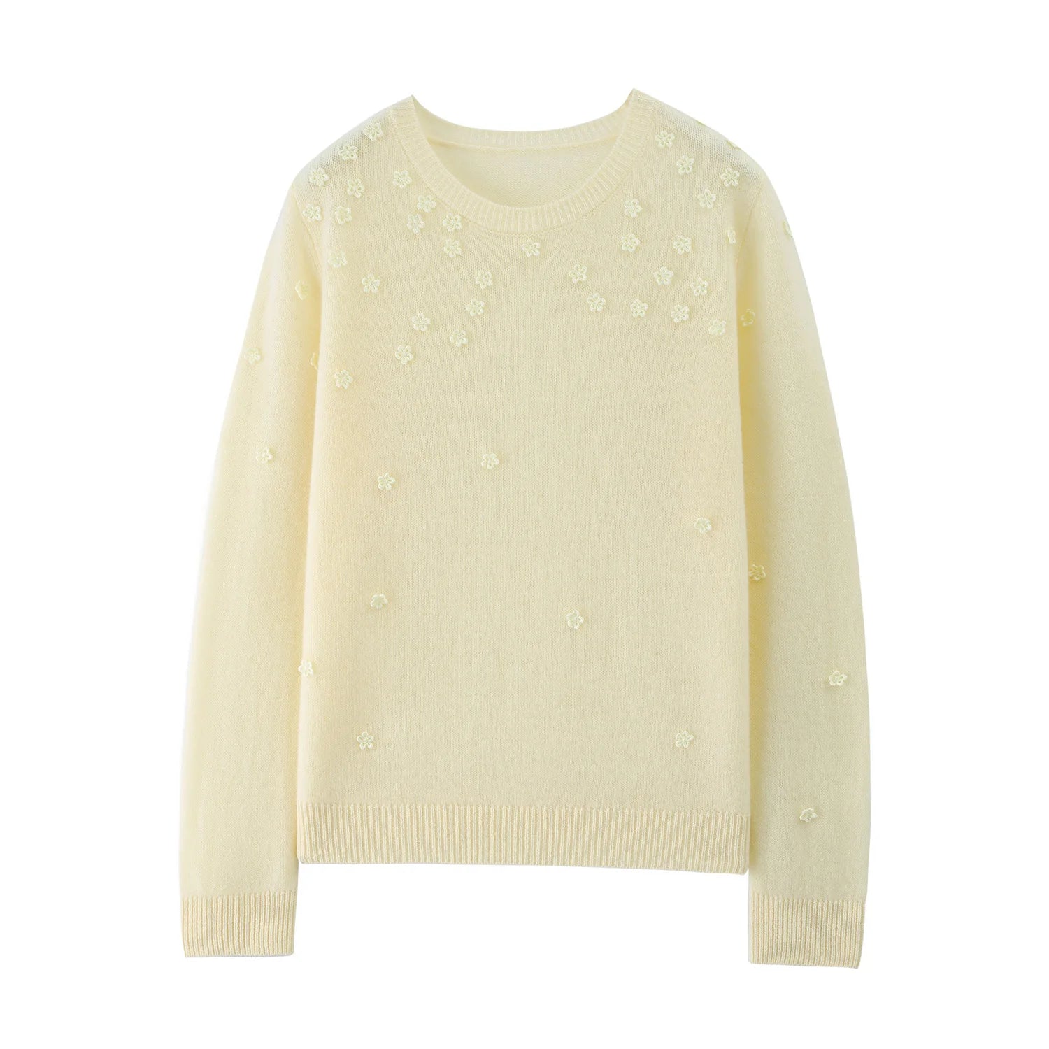 Wool Round Neck Pullover Sweater | Full-Body Floral Knit | 6 Colors, Sizes S–XXL