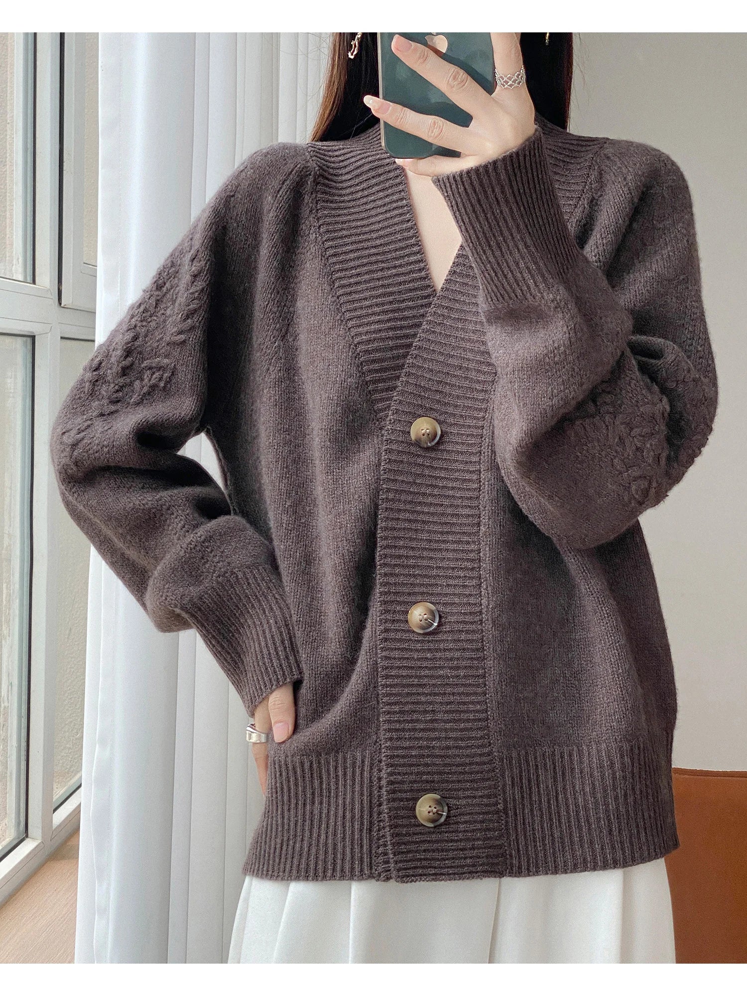 Wool V-Neck Cardigan | Cable Sleeve Detail, Oversized Fit | Women's