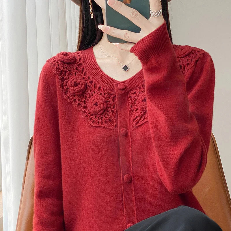 Crochet Floral Collar Cardigan | Button-Down Knit | 6 Colors, Sizes S–XXL