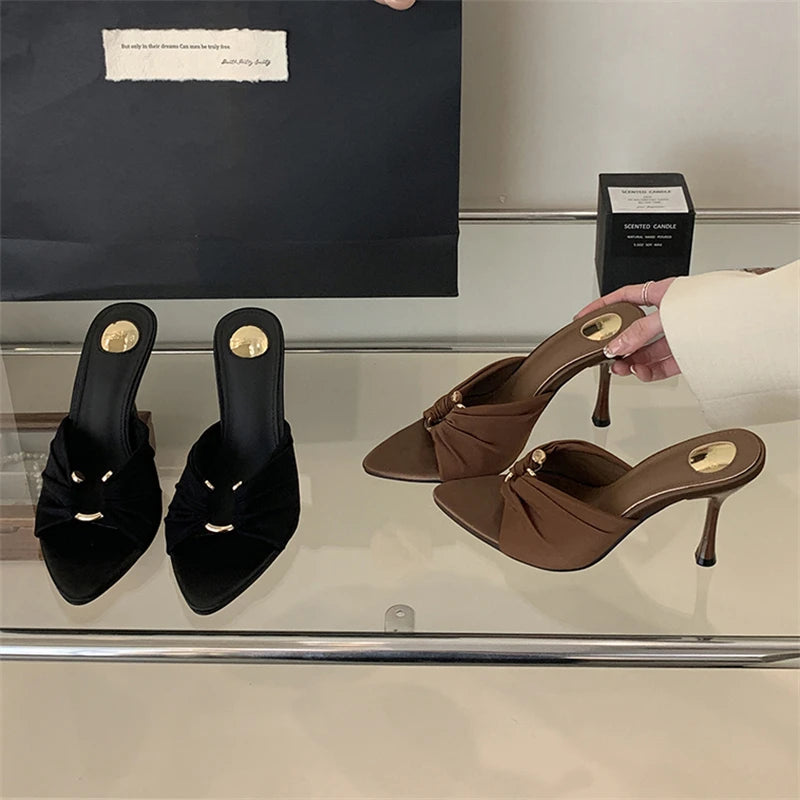 Knotted Silk Stiletto Mule Heels | Pointed Toe | Black & Brown