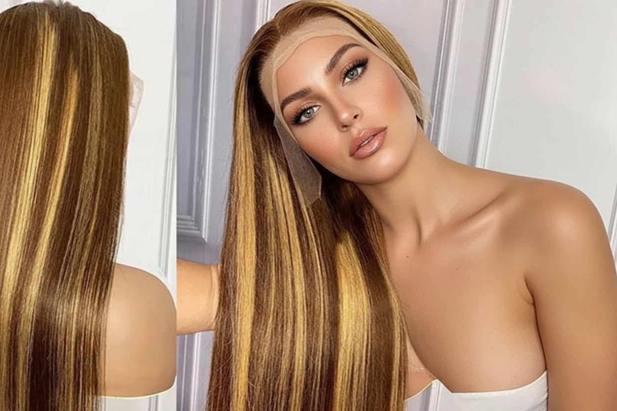 5x5 P4/27 Honey Blonde Ombre Highlight HD Lace Front Wig | 180% Density | 100% Human Hair