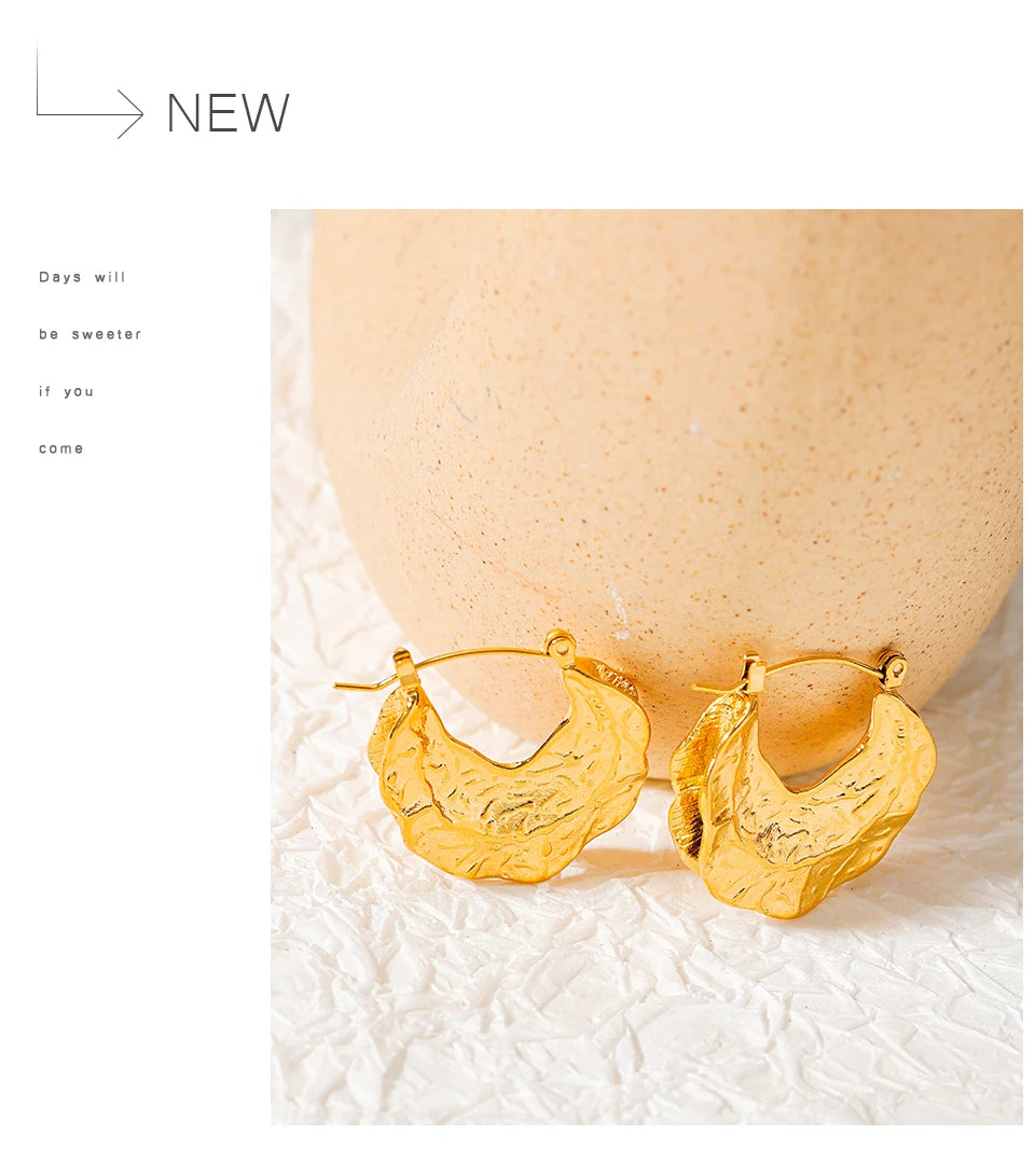 PVD Gold-Plated Stainless Steel Textured Crescent Hoop Earrings