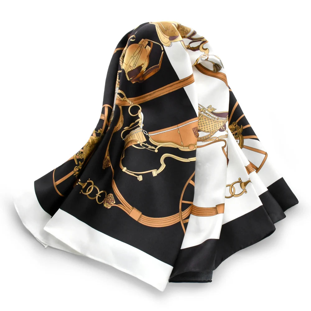 Equestrian Wheel Print Silk Shawl Scarf | 90x90cm