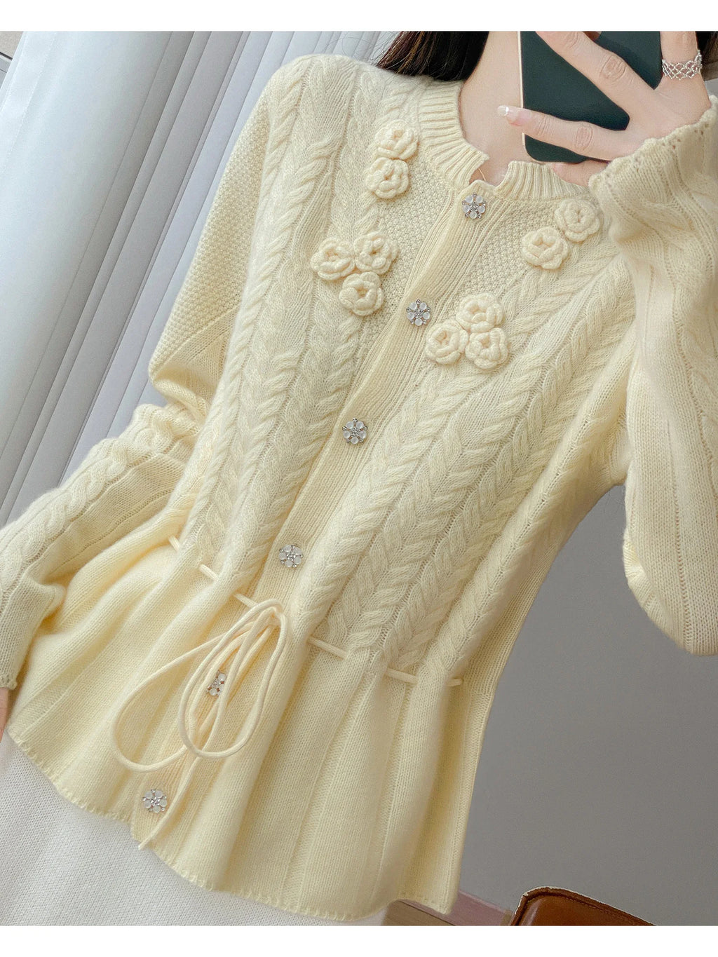 Floral Appliqué Cable-Knit Cardigan | Rhinestone Buttons, Drawstring Waist | 5 Colors, Sizes M–XXL