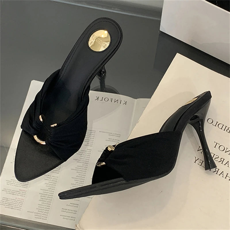 Knotted Silk Stiletto Mule Heels | Pointed Toe | Black & Brown