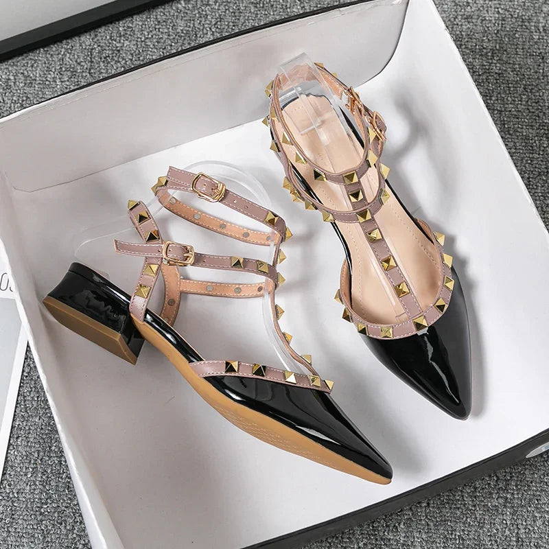 Rivet Strap Pointed-Toe Heeled Sandals | Square Heel