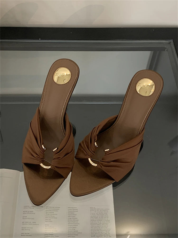 Knotted Silk Stiletto Mule Heels | Pointed Toe | Black & Brown