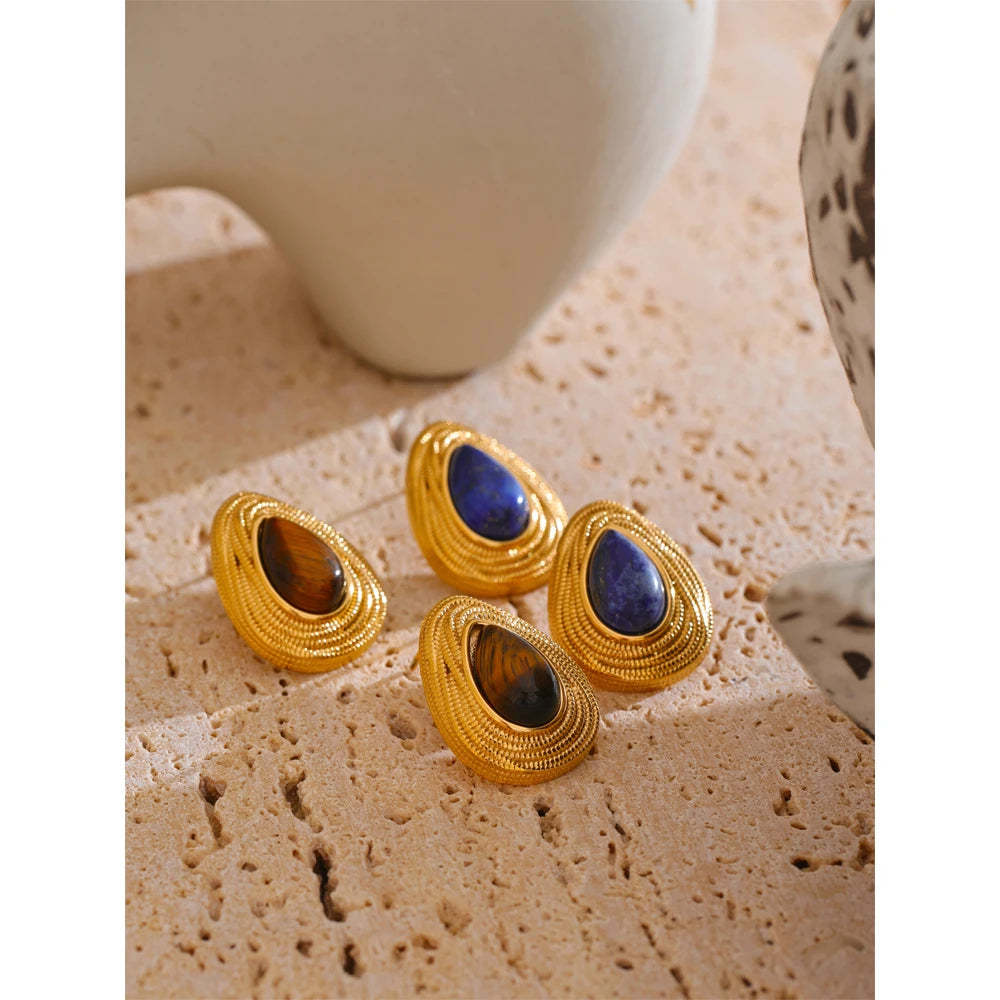 PVD Gold-Plated Stainless Steel Teardrop Stone Stud Earrings