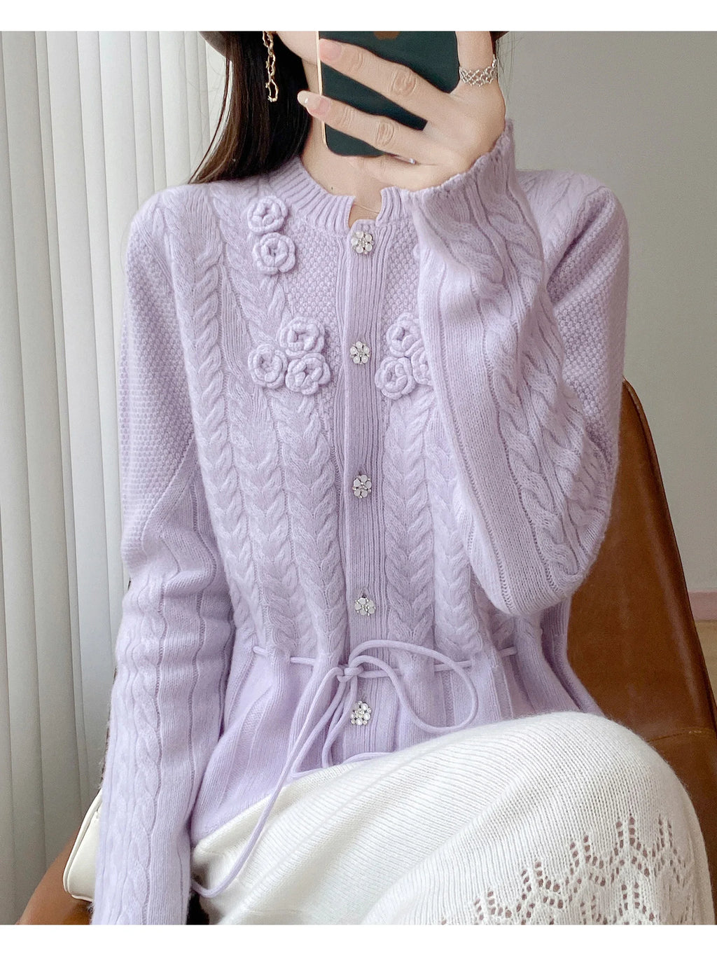Floral Appliqué Cable-Knit Cardigan | Rhinestone Buttons, Drawstring Waist | 5 Colors, Sizes M–XXL