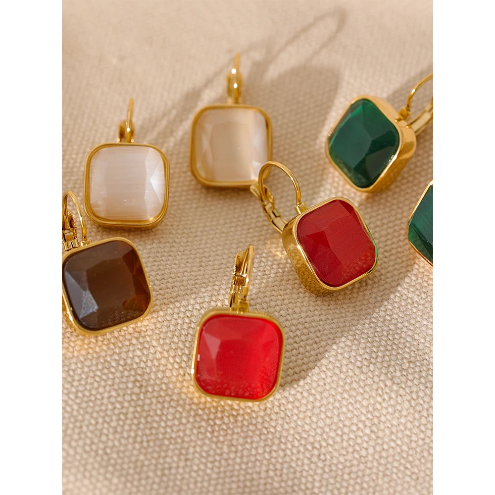 PVD Gold-Plated Stainless Steel Square Stone Hook Earrings