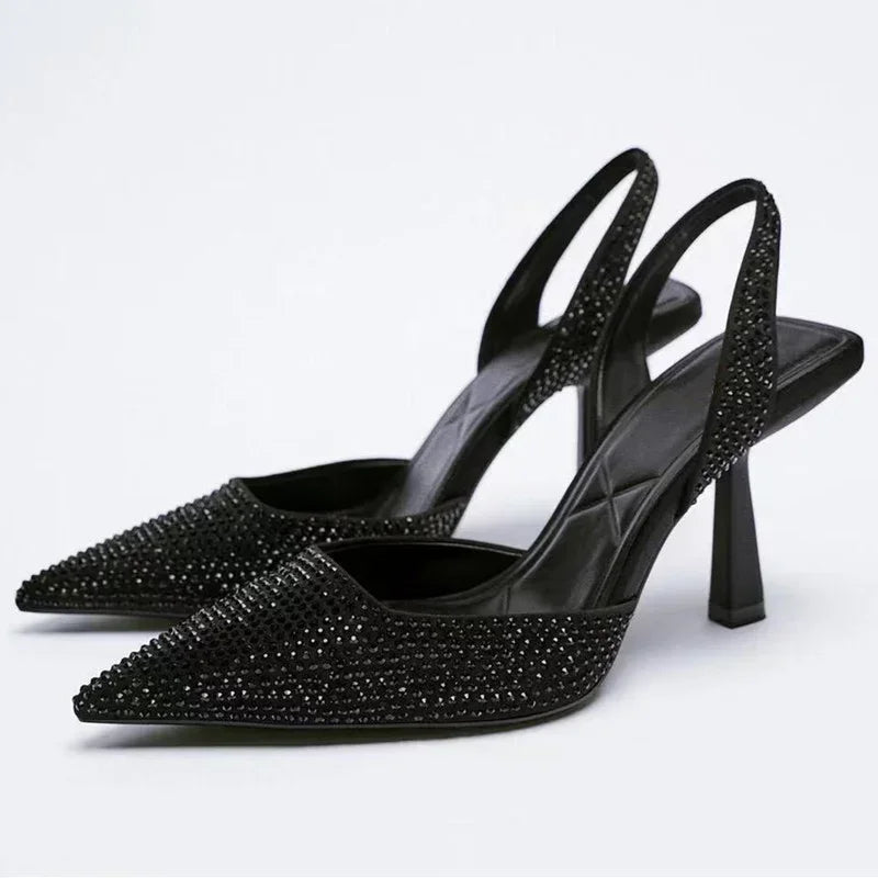 Crystal Rhinestone Slingback Pumps – Pointed Toe High Heels | Black, Gold & Blue