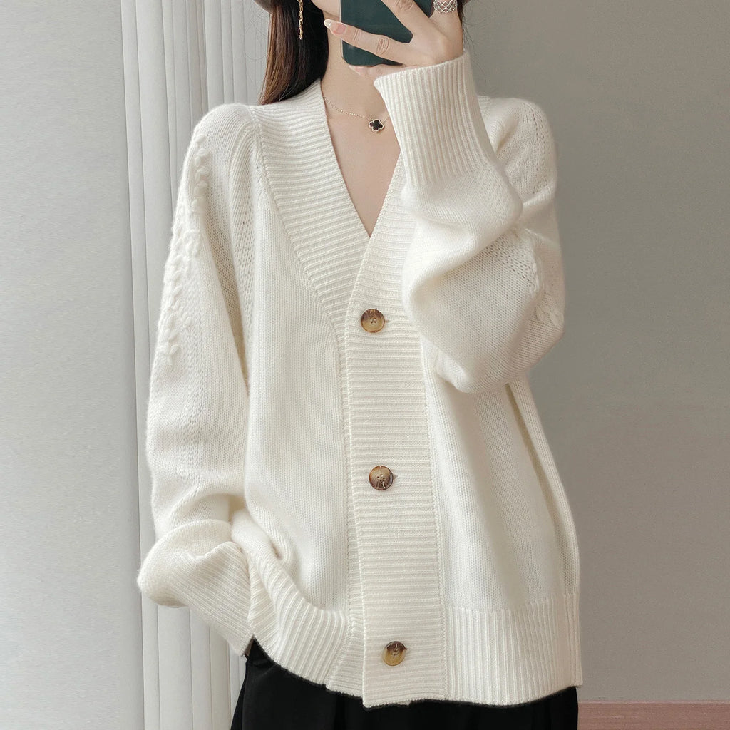 Wool V-Neck Cardigan | Cable Sleeve Detail, Oversized Fit | Women's