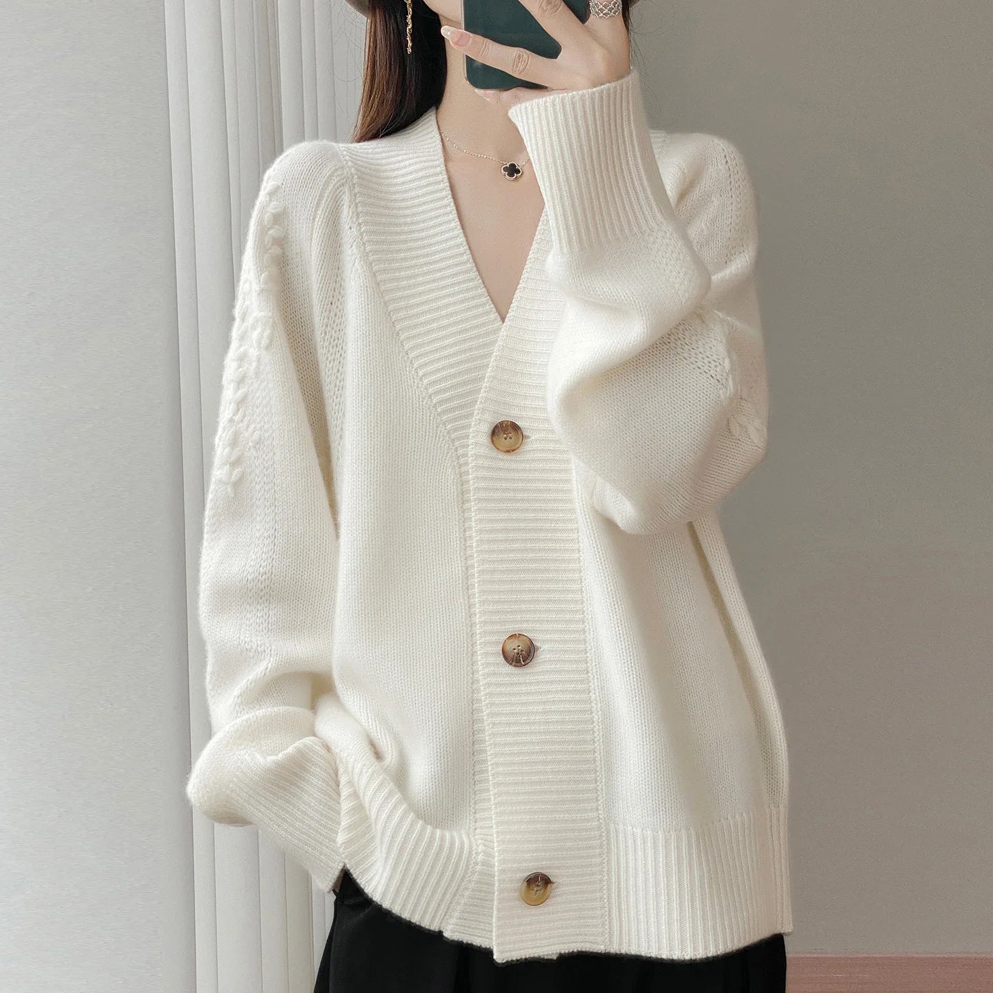 Wool V-Neck Cardigan | Cable Sleeve Detail, Oversized Fit | Women's