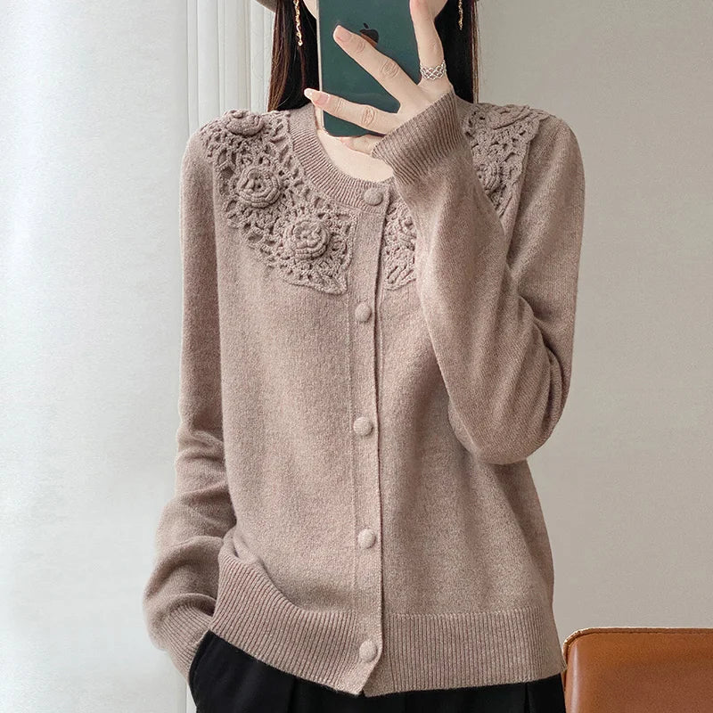 Crochet Floral Collar Cardigan | Button-Down Knit | 6 Colors, Sizes S–XXL