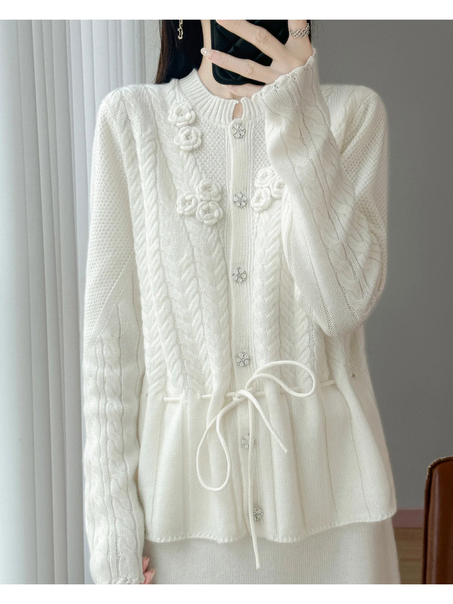 Floral Appliqué Cable-Knit Cardigan | Rhinestone Buttons, Drawstring Waist | 5 Colors, Sizes M–XXL