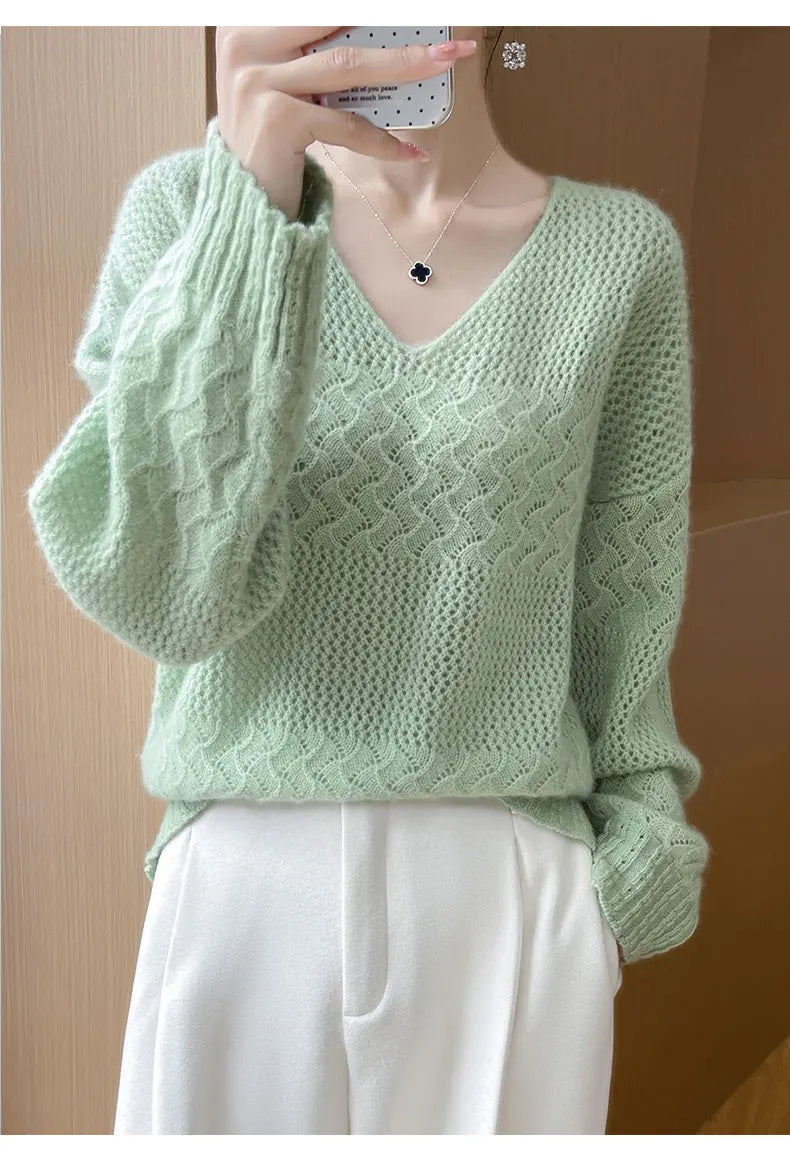 Wool V-Neck Pullover Sweater | Hollow Jacquard Knit | 8 Colors, Sizes M–XL