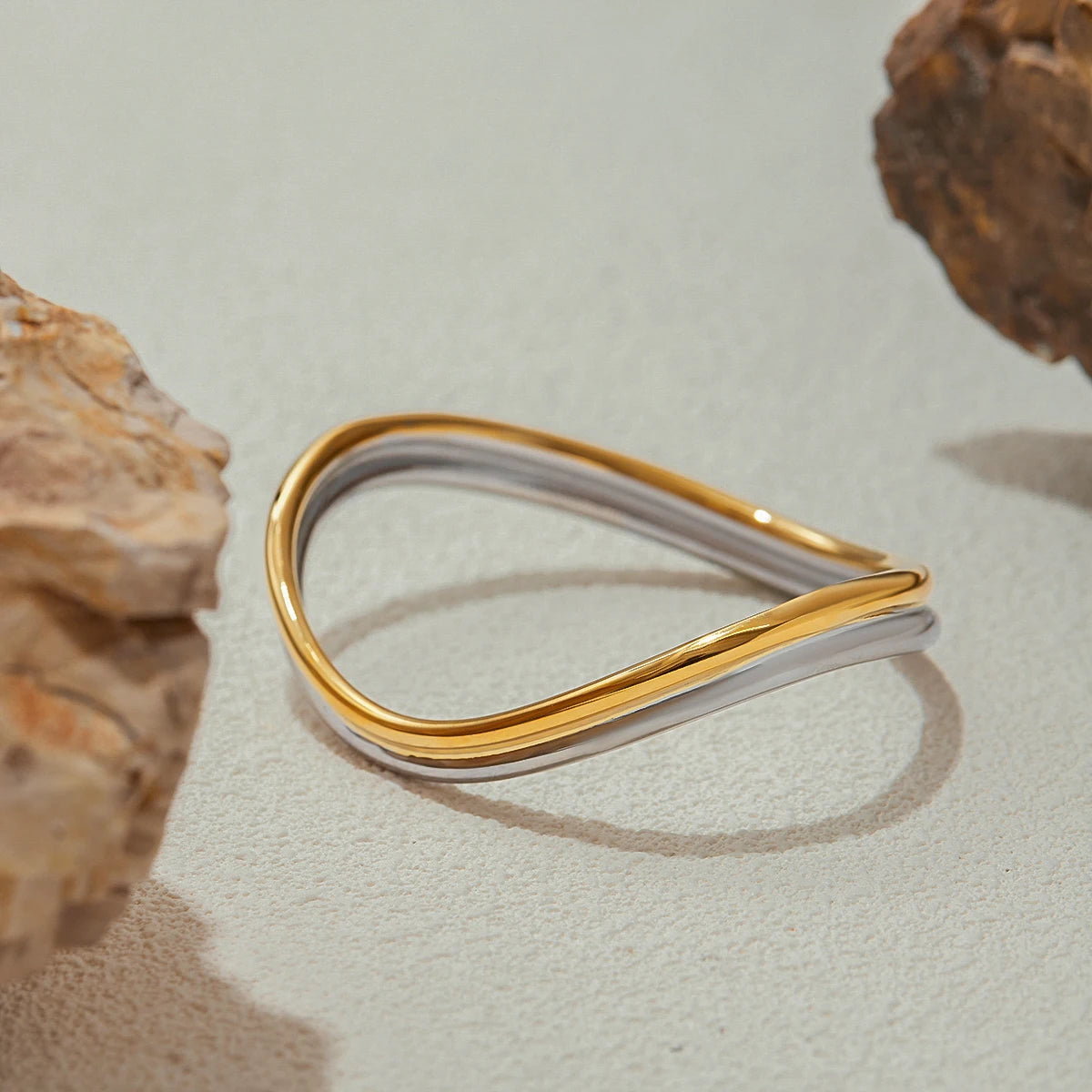 Two-Tone Wave Bangle Bracelet | 18K Gold & Silver Stainless Steel Minimalist Jewelry