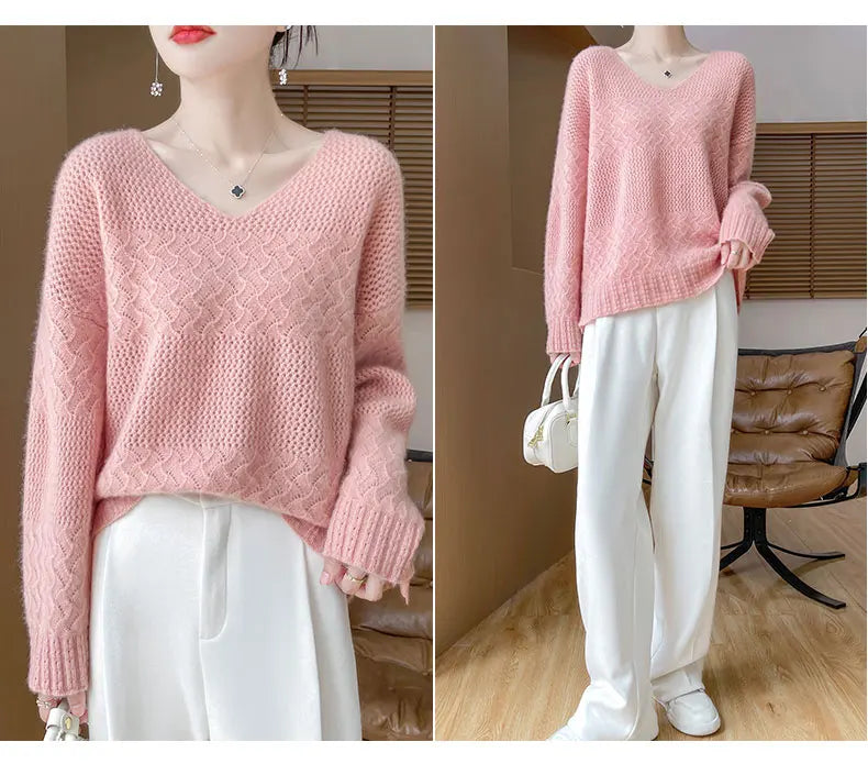 Wool V-Neck Pullover Sweater | Hollow Jacquard Knit | 8 Colors, Sizes M–XL