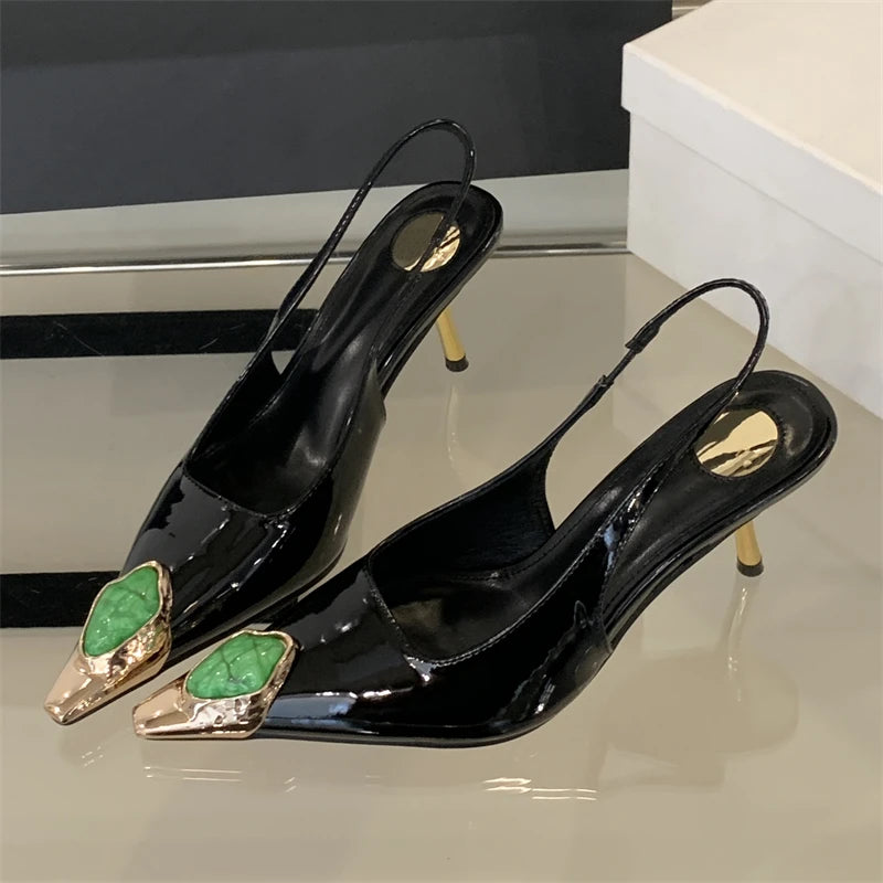 Diamond Inlay Pointed Toe Slingback Heels