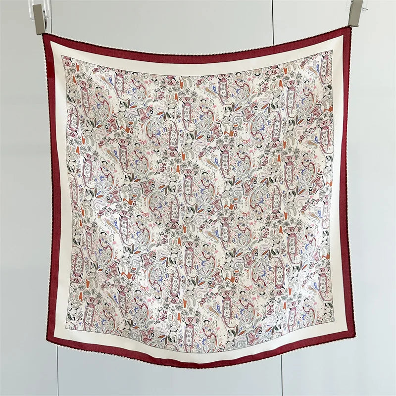 Mulberry Silk Square Scarf | Burgundy Border, Paisley Print | 65x65cm