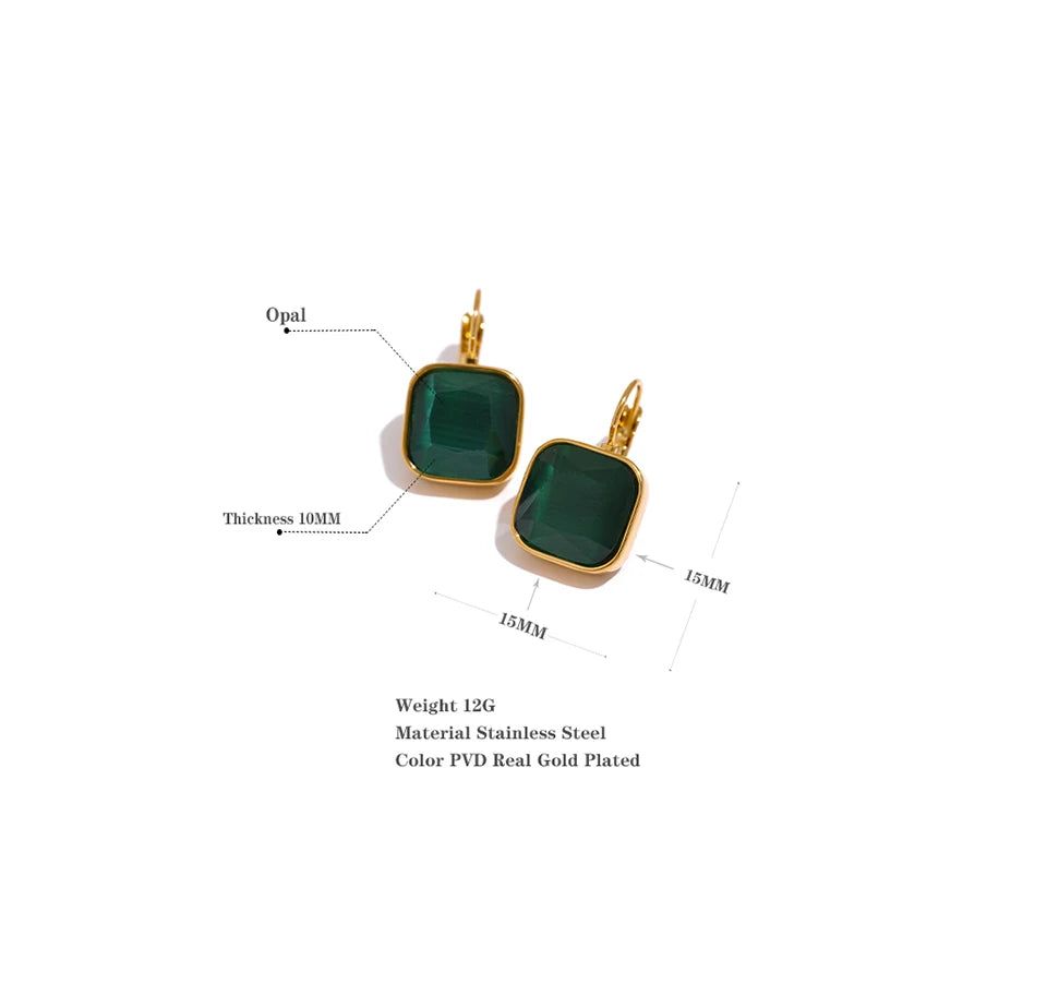 PVD Gold-Plated Stainless Steel Square Stone Hook Earrings
