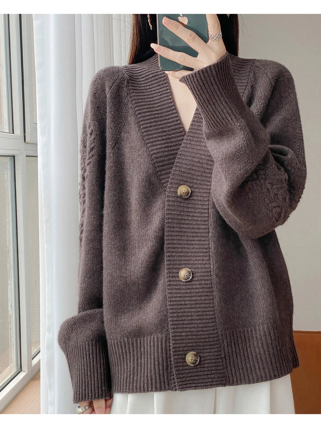 Wool V-Neck Cardigan | Cable Sleeve Detail, Oversized Fit | Women's