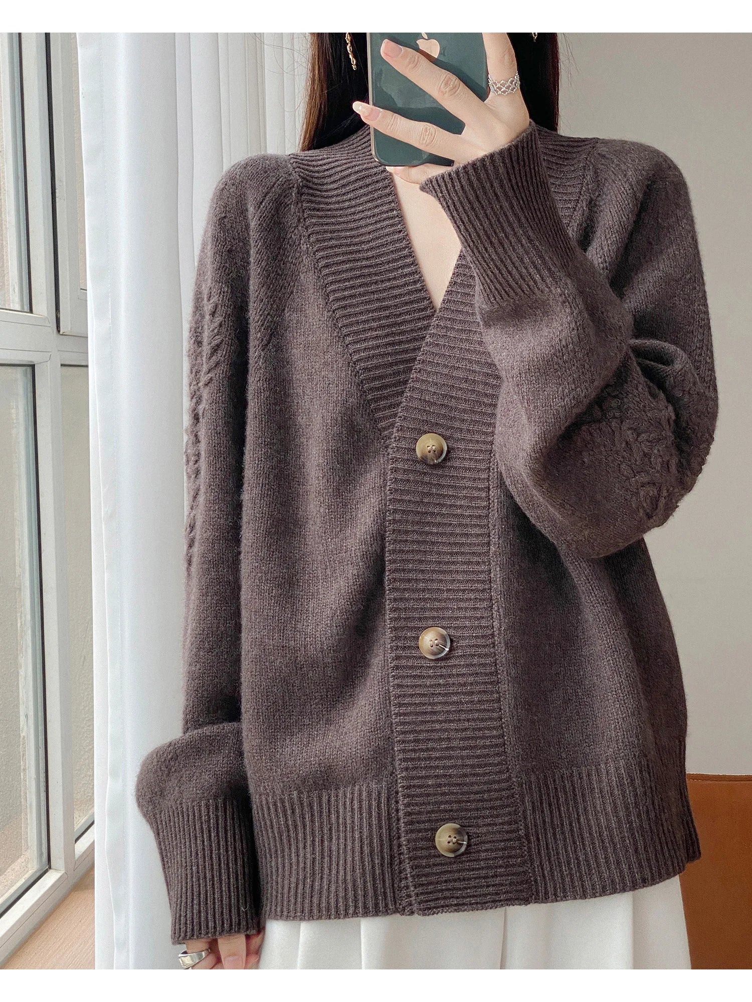 Wool V-Neck Cardigan | Cable Sleeve Detail, Oversized Fit | Women's