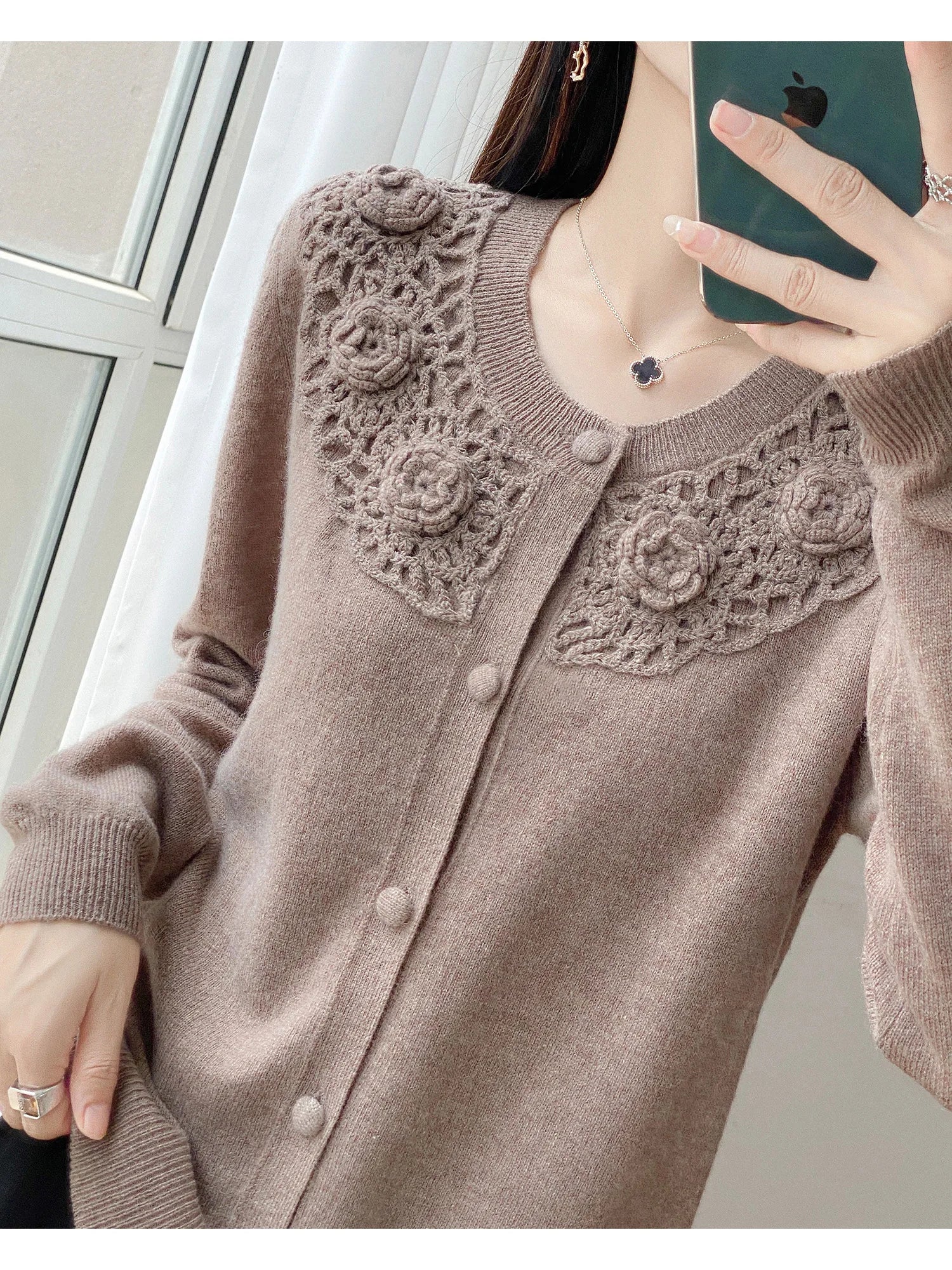 Crochet Floral Collar Cardigan | Button-Down Knit | 6 Colors, Sizes S–XXL